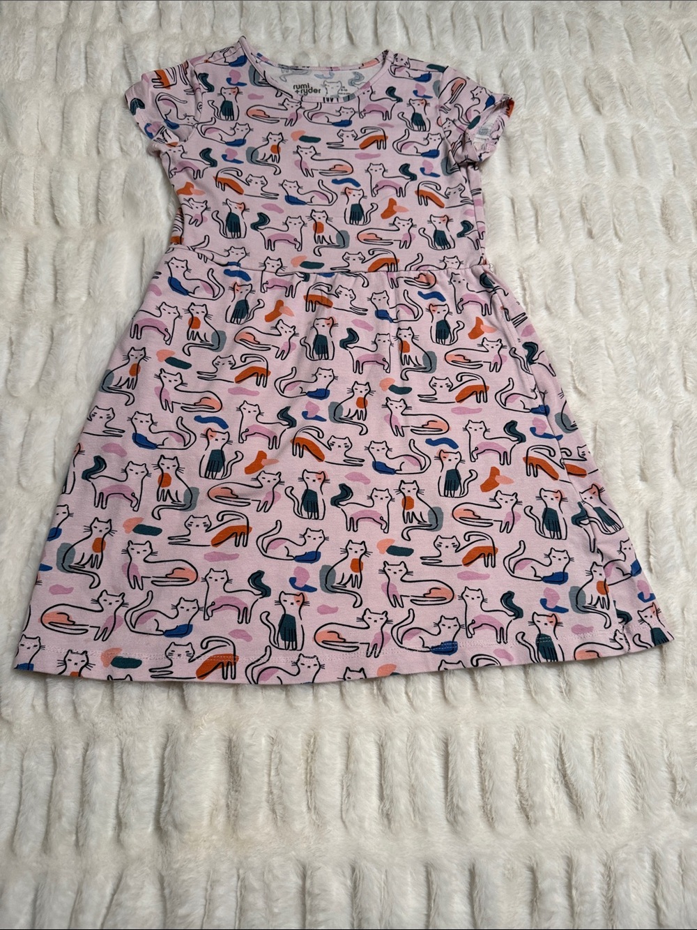 Girls' Pink Cat-Print Short Sleeve Everyday Dress